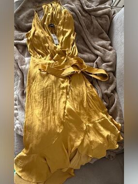 Express Mustard Yellow Wrap Dress with Tie Waist